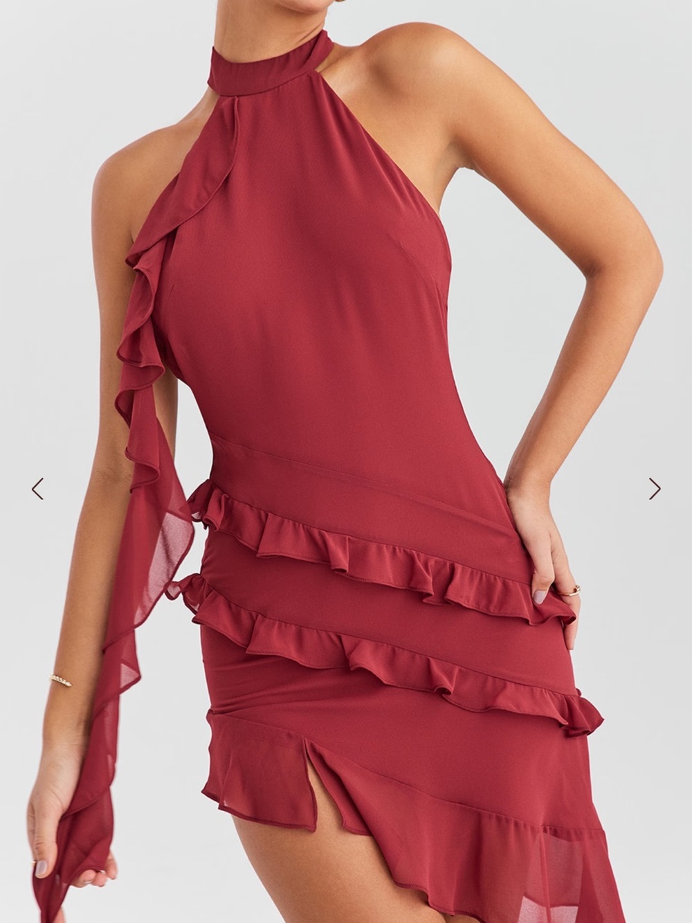House of CB One-Shoulder Ruffle Mini Dress in Burgundy